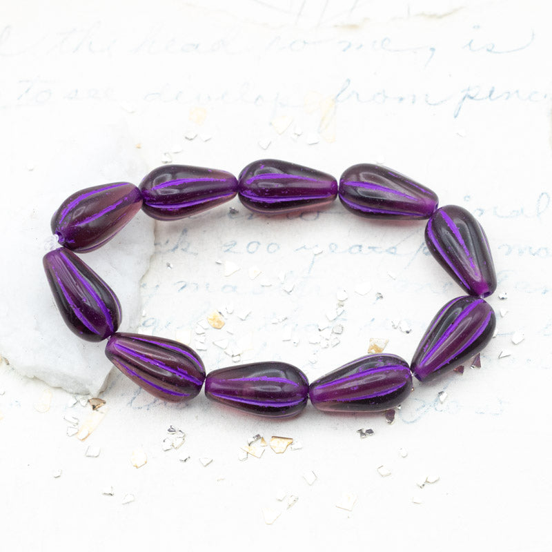 8x15mm Plum with Purple Wash Melon Drop Czech Bead Strand