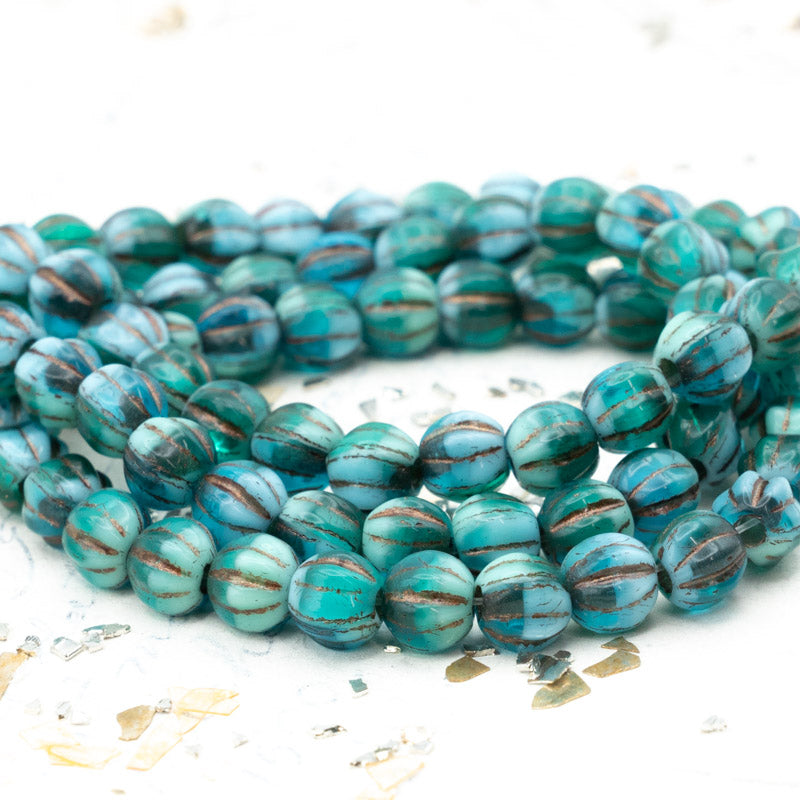 6mm Sky Blue and Blue Green Large Hole Melon Bead Strand