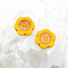 Load image into Gallery viewer, 18mm Sunflower Yellow with Bronze Wash Wild Rose Pressed Czech Bead Pair
