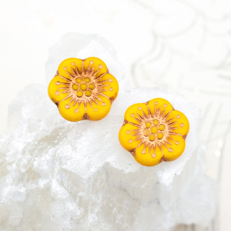 18mm Sunflower Yellow with Bronze Wash Wild Rose Pressed Czech Bead Pair