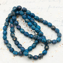 Load image into Gallery viewer, 6mm Etched Metallic Brown with Blue Wash Fire-Polished Faceted Round Bead Strand
