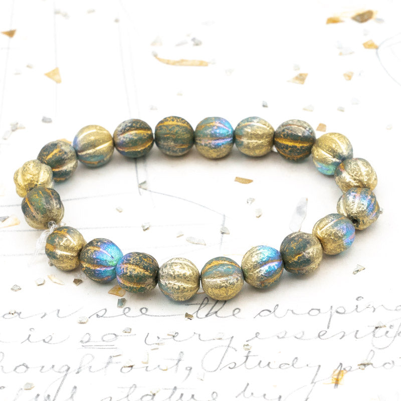 8mm Etched Transparent Sky Blue with AB and Gold Finishes Melon Bead Strand