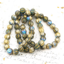 Load image into Gallery viewer, 8mm Etched Transparent Sky Blue with AB and Gold Finishes Melon Bead Strand
