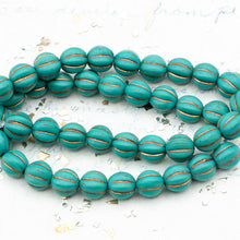 Load image into Gallery viewer, 8mm Sea Green with a Metallic Brown Wash Melon Bead Strand
