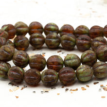 Load image into Gallery viewer, 8mm Dark Amber and Sage with Picasso Melon Bead Strand
