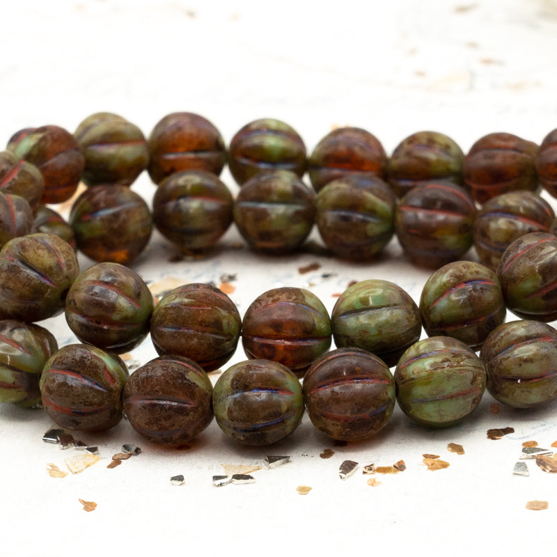 8mm Dark Amber and Sage with Picasso Melon Bead Strand