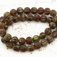 Load image into Gallery viewer, 8mm Dark Amber and Sage with Picasso Melon Bead Strand
