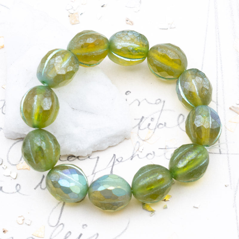 10mm Peridot with an AB Finish Faceted Melon Bead Strand