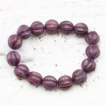 Load image into Gallery viewer, 12mm Purple Pansy with Etched Finish and Purple Golden Luster Melon Bead Strand
