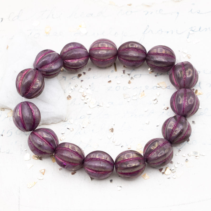 12mm Purple Pansy with Etched Finish and Purple Golden Luster Melon Bead Strand