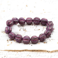 Load image into Gallery viewer, 12mm Purple Pansy with Etched Finish and Purple Golden Luster Melon Bead Strand
