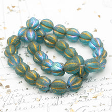 Load image into Gallery viewer, 12mm Etched Sky Blue with AB Finish and Gold Wash Melon Bead Strand
