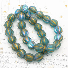Load image into Gallery viewer, 12mm Etched Sky Blue with AB Finish and Gold Wash Melon Bead Strand
