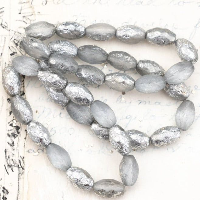 12x8mm Etched Grey with Silver Finish Faceted Oval Bead Strand