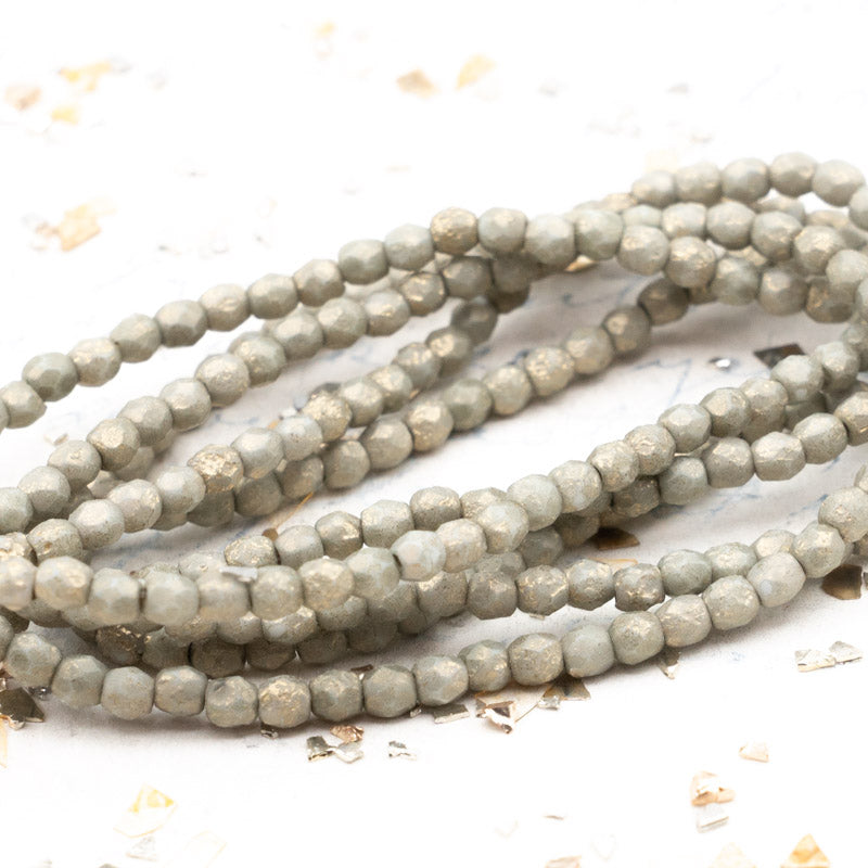 3mm Etched Pale Stone with Gold Wash Fire-Polished Faceted Round Bead Strand
