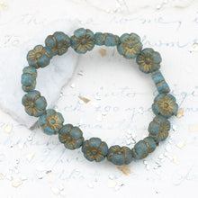 Load image into Gallery viewer, 9mm Etched Sky Blue with a Gold Finish Hibiscus Flower Bead Strand

