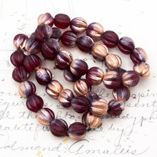 Load image into Gallery viewer, 10mm Etched Cranberry with Copper Finish and a Metallic Pink Wash Melon Bead Strand
