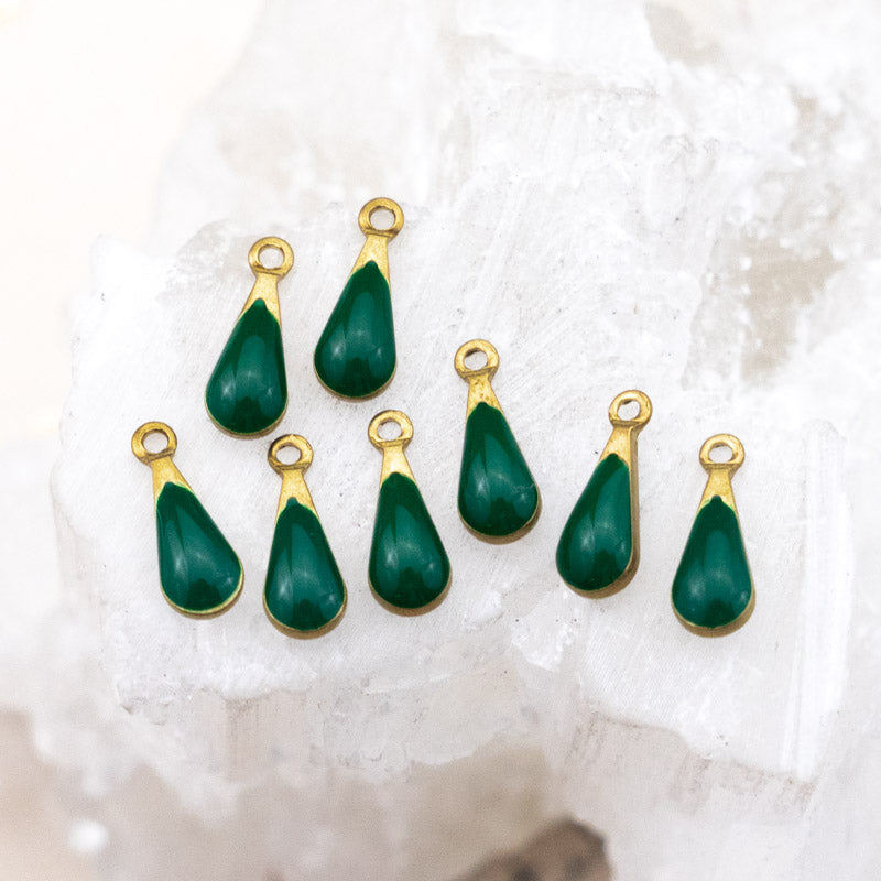Enameled Emerald Brass Teardrop Charm Set - 8 Pcs