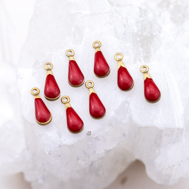 11mm Enameled Red Brass Teardrop Charm Set - 8 Pcs