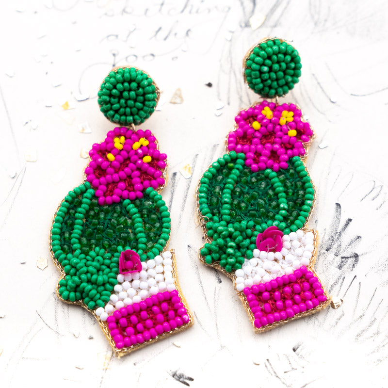 Pretty in Pink Cactus Beaded Earring Pair
