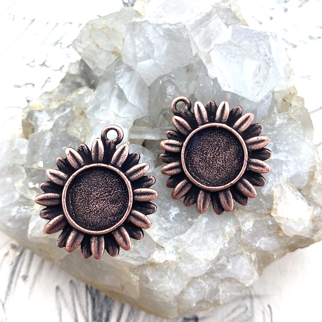 28mm Antique Copper Aster with Bezel Charm Pair