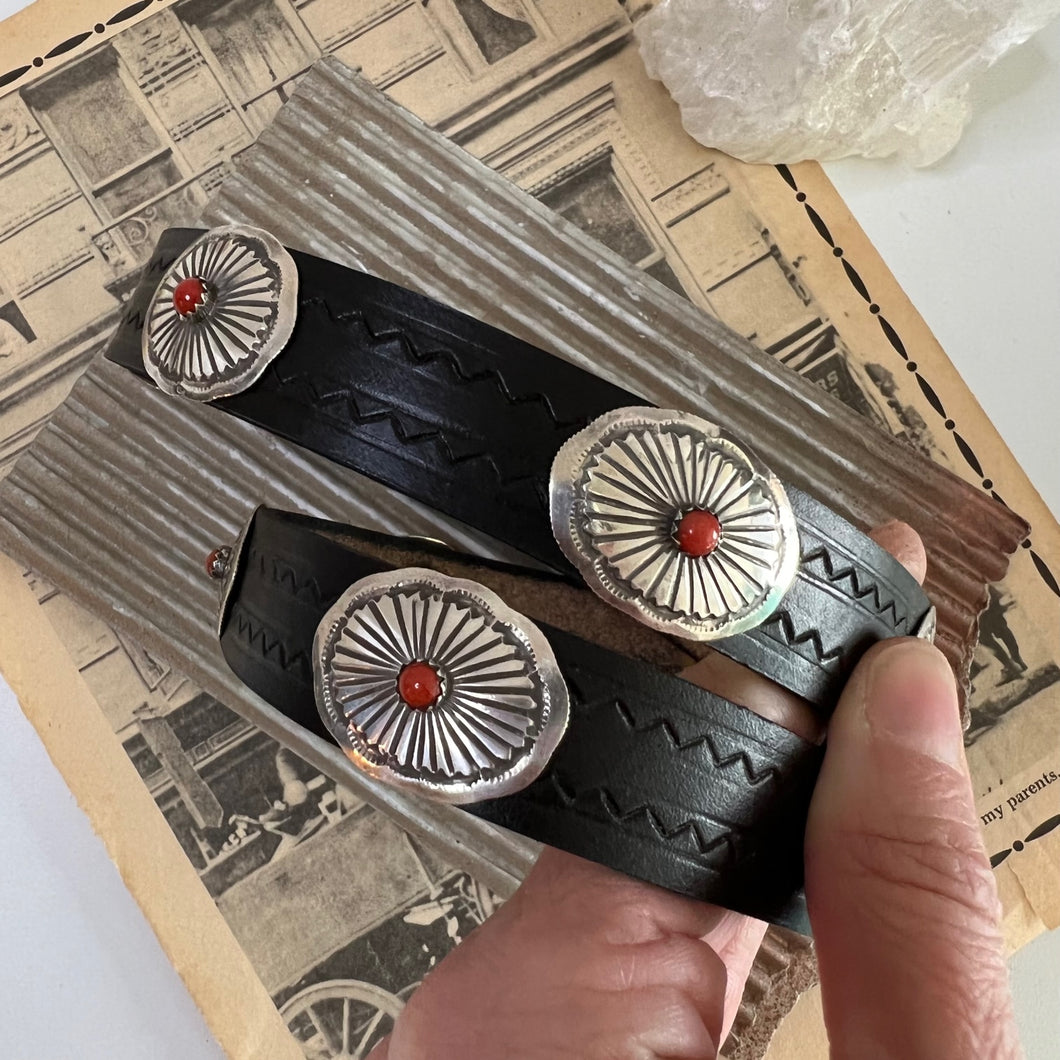 Leather and Sterling Silver Conchos with Gemstones Hat Band - Tucson Find