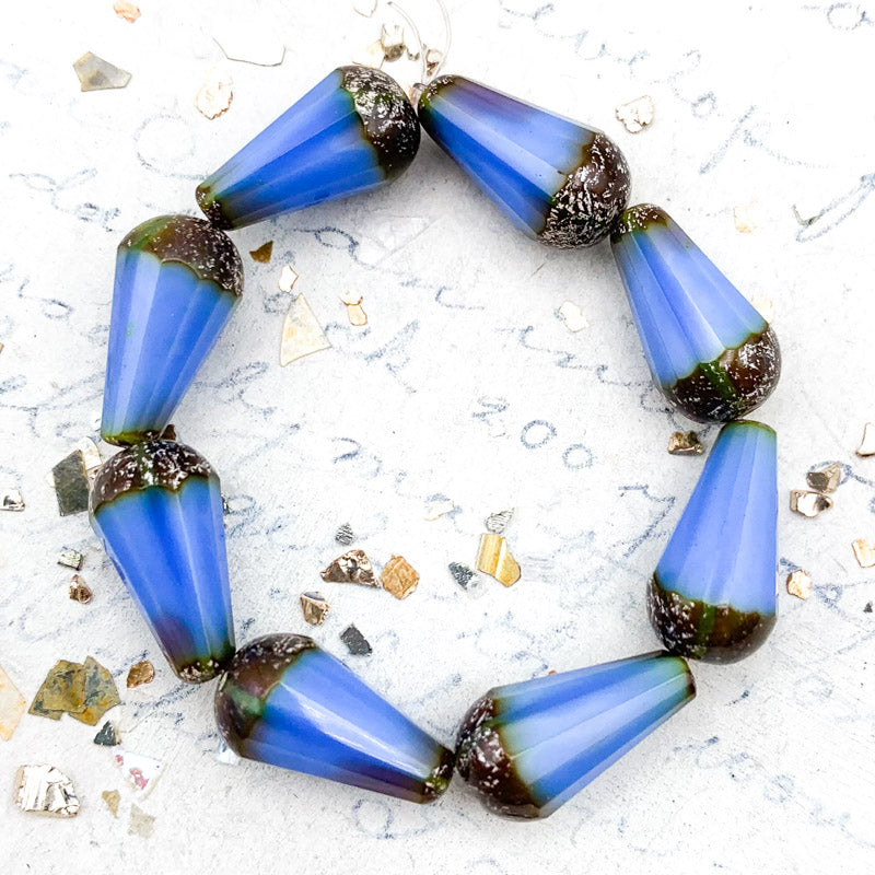 8x15mm Cornflower and Hyacinth with Antique Silver Finish Faceted Drop Czech Bead Strand