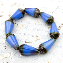 Load image into Gallery viewer, 8x15mm Cornflower and Hyacinth with Antique Silver Finish Faceted Drop Czech Bead Strand
