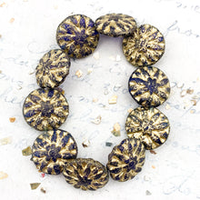 Load image into Gallery viewer, 14mm Etched Sapphire and Sky Blue with Gold Wash Dahlia Bead Strand
