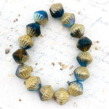 Load image into Gallery viewer, 11mm Etched Teal, Green, and Yellow with a Gold Luster Bicone Bead Strand
