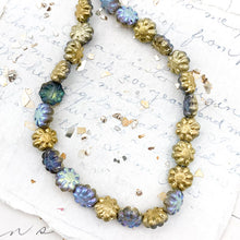 Load image into Gallery viewer, 9mm Etched Transparent Glass with AB and Gold Finishes Cactus Flower Czech Bead Strand
