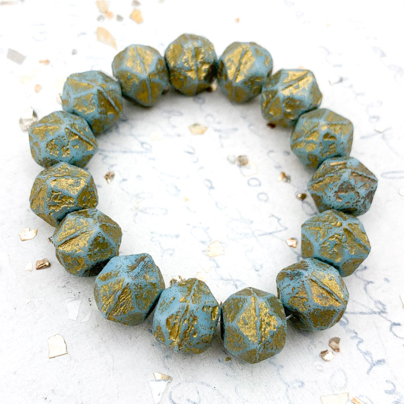 10mm Etched Tea Green with Gold Wash English Cut Bead Strand