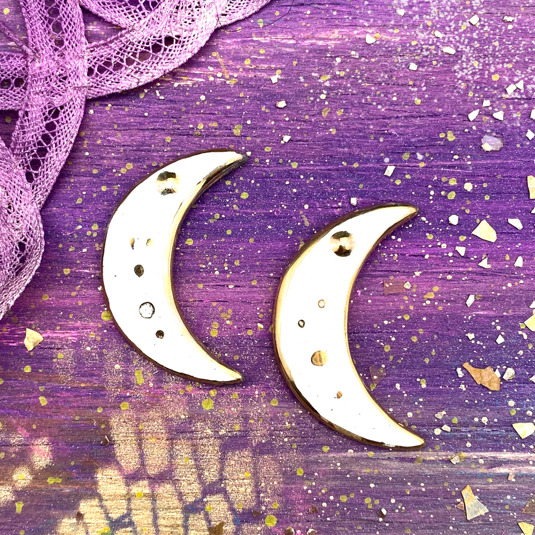 35mm White Crescent Moons with Gold Accents Pair