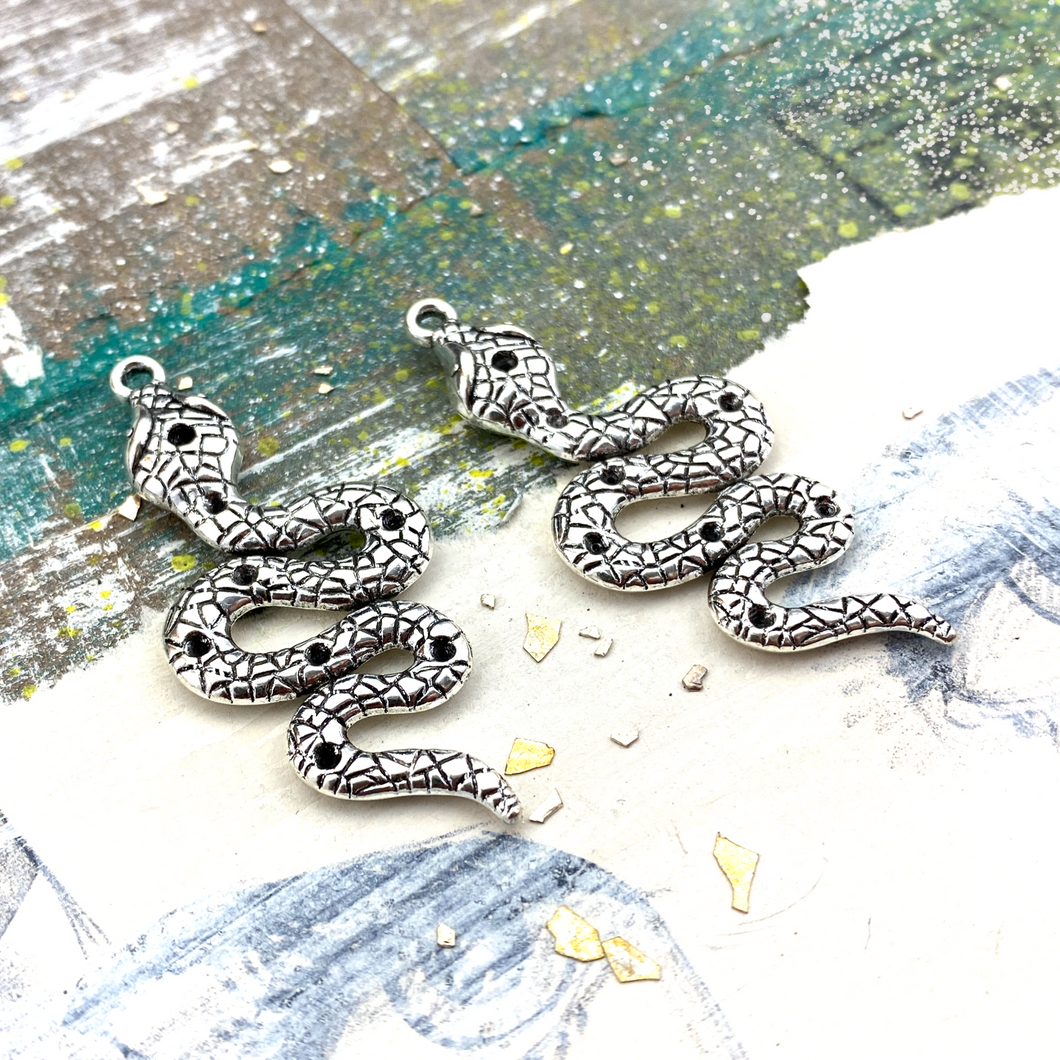 50mm Large Antique Silver Snake Charm Pair