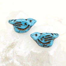 Load image into Gallery viewer, Medium Sky Blue with a Metallic Brown Wash Czech Bird Beads - 2 Pcs
