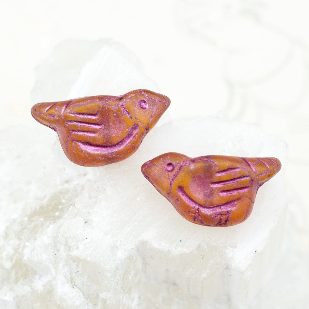 Matte Orange with a Metallic Pink Wash Czech Bird Beads - 2 Pcs