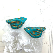 Load image into Gallery viewer, Tiffany Green with a Gold Wash Czech Bird Beads - 2 Pcs
