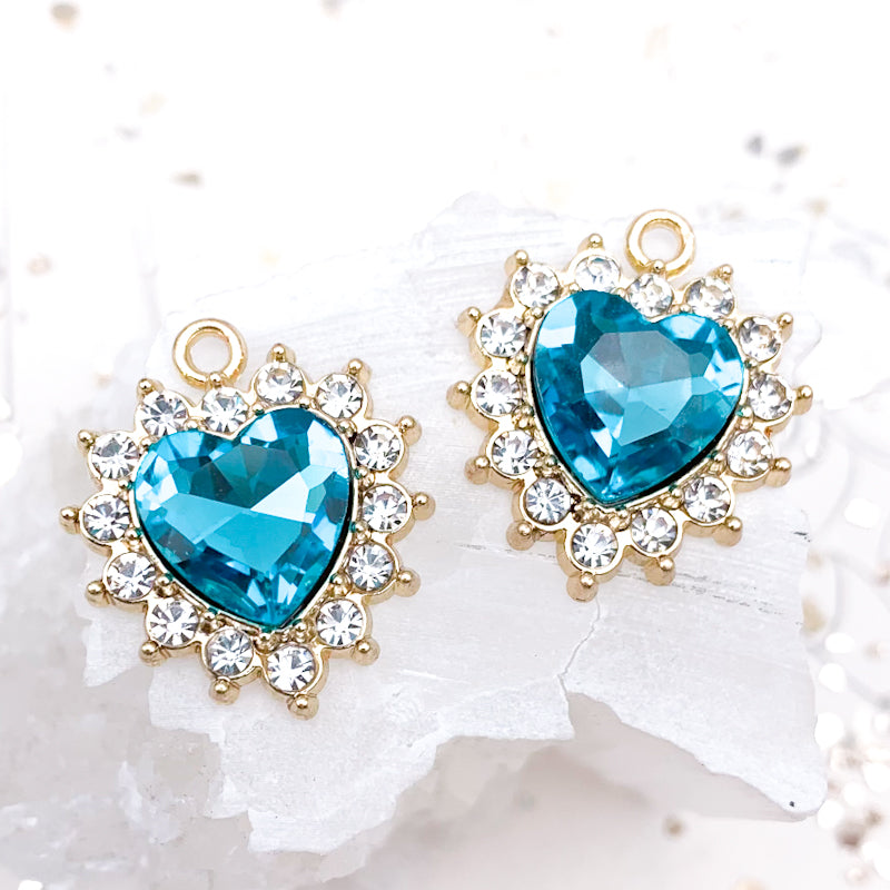 Bright Blue Crystal Rhinestone Heart Charm Pair