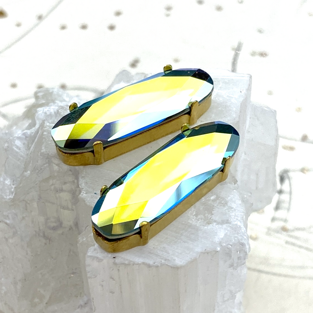 27mm Indicolite AB Classical Oval Fancy Stone Premium Crystal and Brass Setting Pair - No Holes