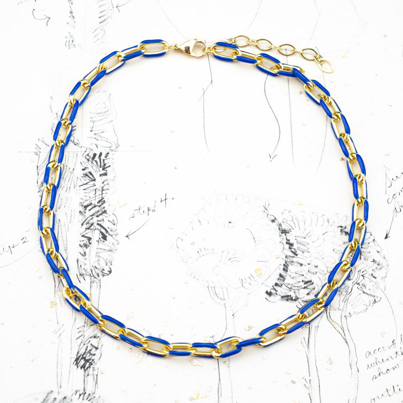 Blue Enameled Oval Link Chain Necklace