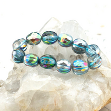 Load image into Gallery viewer, 10mm Transparent Glass with Metallic Turquoise and AB Finish Faceted Melon Bead Strand
