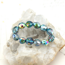 Load image into Gallery viewer, 10mm Transparent Glass with Metallic Turquoise and AB Finish Faceted Melon Bead Strand
